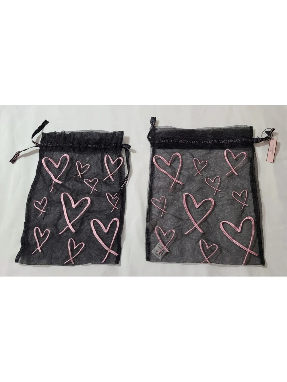 2pc Victoria Secret Drawstring Bags  Womens Size Medium Black Pink Hearts Sheer